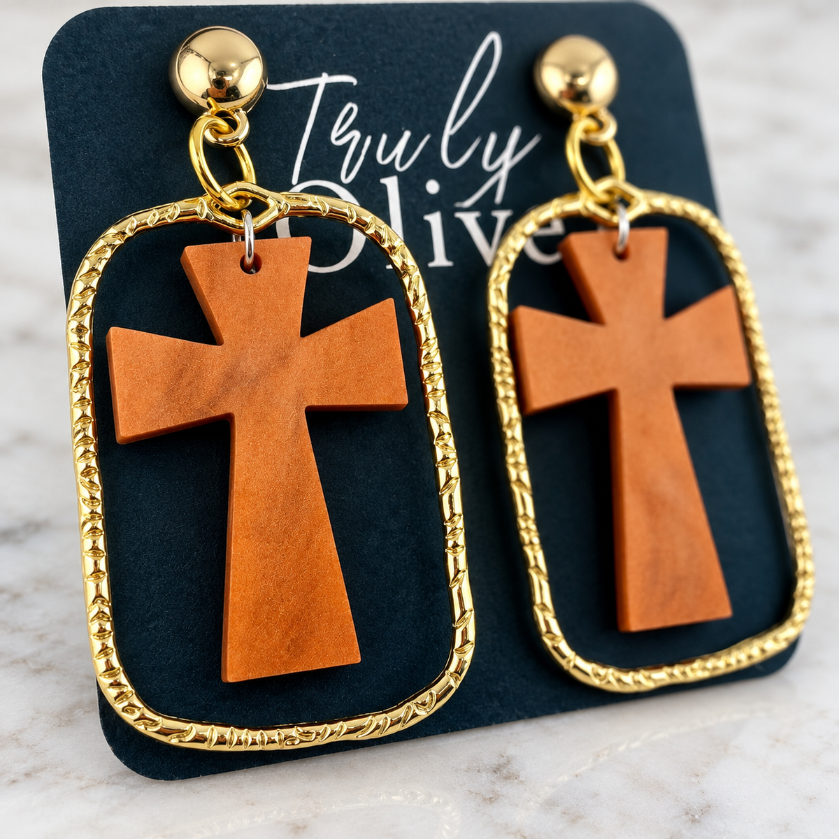 Trulyolive Brown Cross Statement Earrings With Textured Gold Frame - Earrings