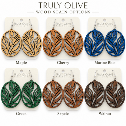 Truly Olive Botanical Oval Wood Earrings - Earrings Dangle Earrings