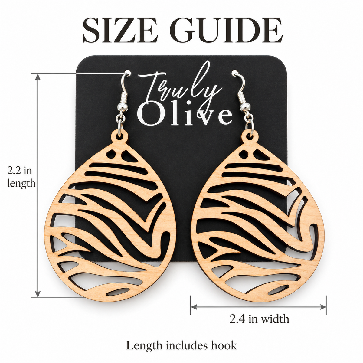 Maple earrings with arrows showing 2.2-inch length including the hook and 2.4-inch width.