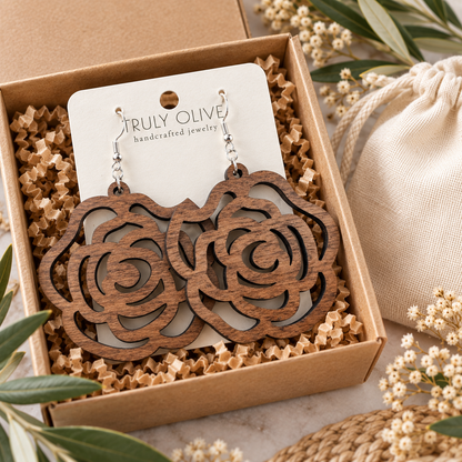 Truly Olive Wood Rose Statement Earrings - Earrings Dangle Earrings