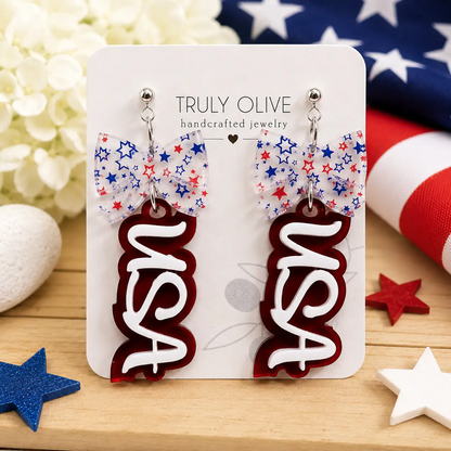 Truly Olive Patriotic USA Bow Dangle Earrings - Earrings Dangle Earrings
