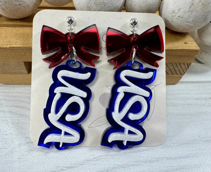 Truly Olive Patriotic USA Bow Dangle Earrings - Earrings Dangle Earrings