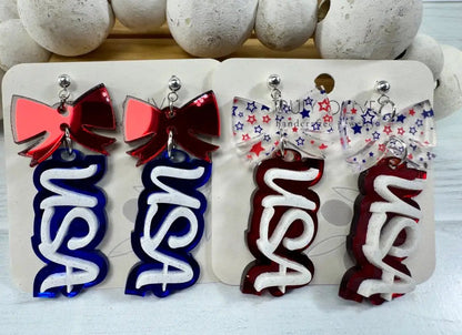 Truly Olive Patriotic USA Bow Dangle Earrings - Earrings Dangle Earrings
