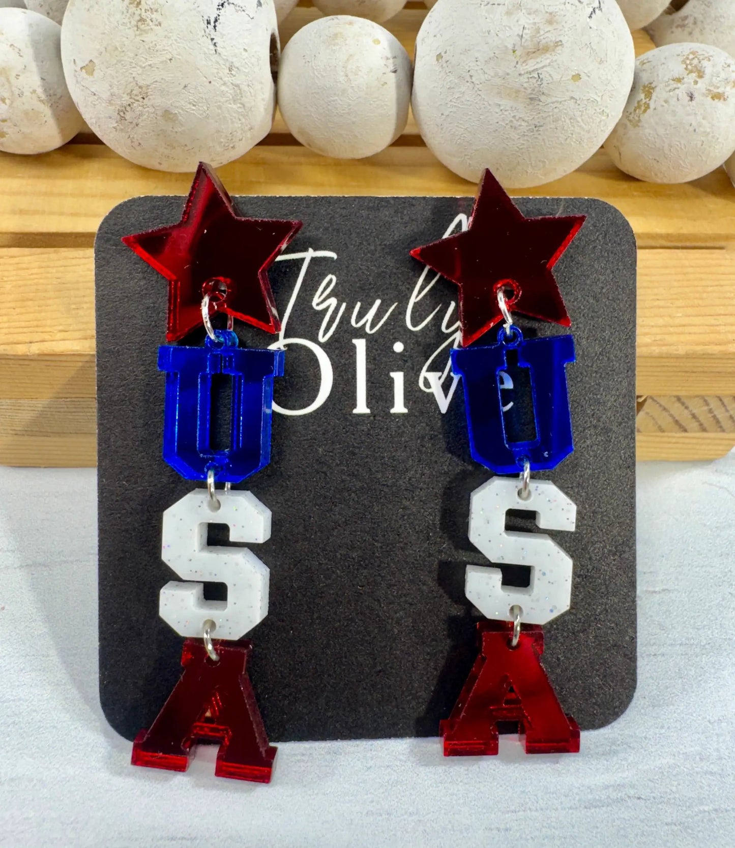 Truly Olive Patriotic Lettered USA Earring Dangles - Earrings Dangle Earrings