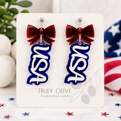 Truly Olive Patriotic USA Bow Dangle Earrings - Earrings Dangle Earrings