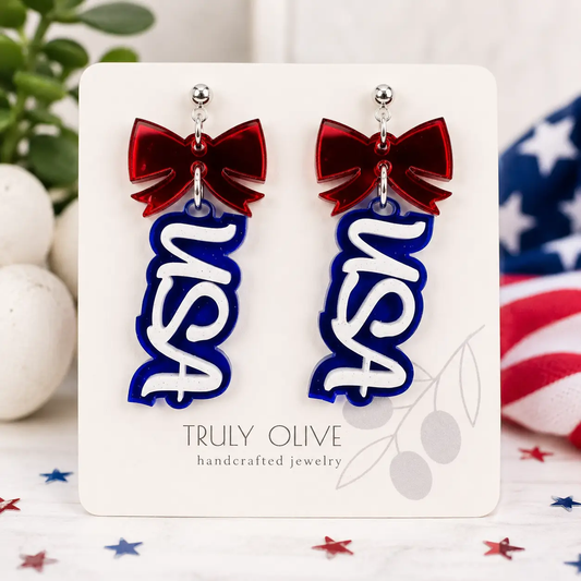 Truly Olive Patriotic USA Bow Dangle Earrings - Earrings Dangle Earrings