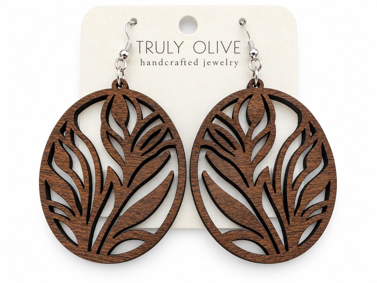 Truly Olive Botanical Oval Wood Earrings - Earrings Dangle Earrings