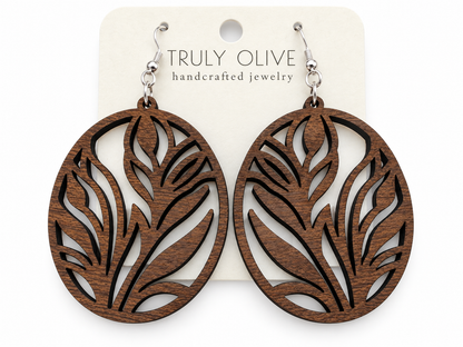 Truly Olive Botanical Oval Wood Earrings - Earrings Dangle Earrings