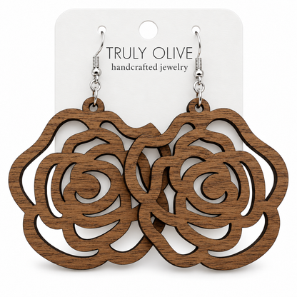 Truly Olive Handcrafted Wood Rose Statement Earrings For Everyday Elegance - Earrings Dangle Earrings