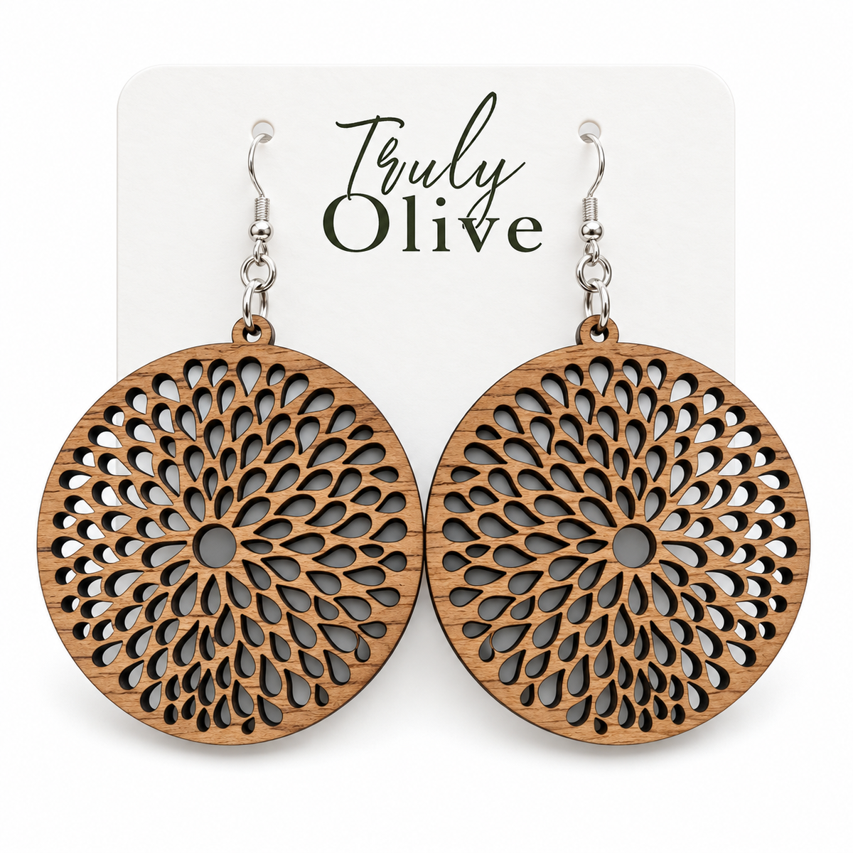 Truly Olive Round Teardrop Cutout Wood Earrings - Earrings Dangle Earrings