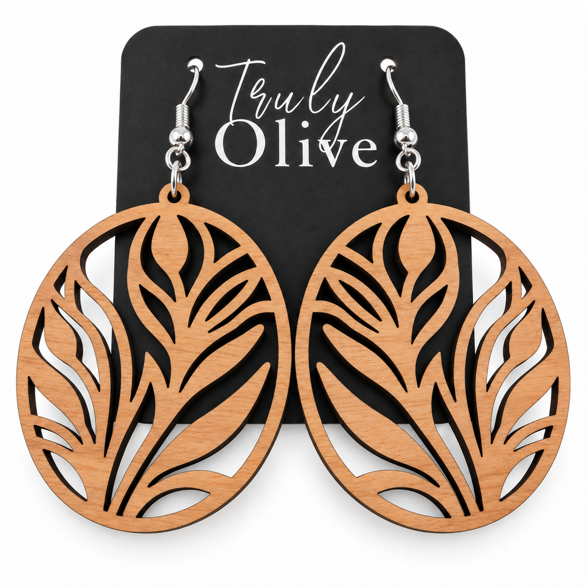 Truly Olive Botanical Oval Wood Earrings - Earrings Dangle Earrings