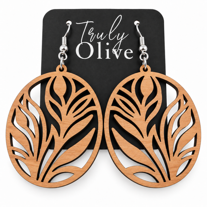 Truly Olive Botanical Oval Wood Earrings - Earrings Dangle Earrings