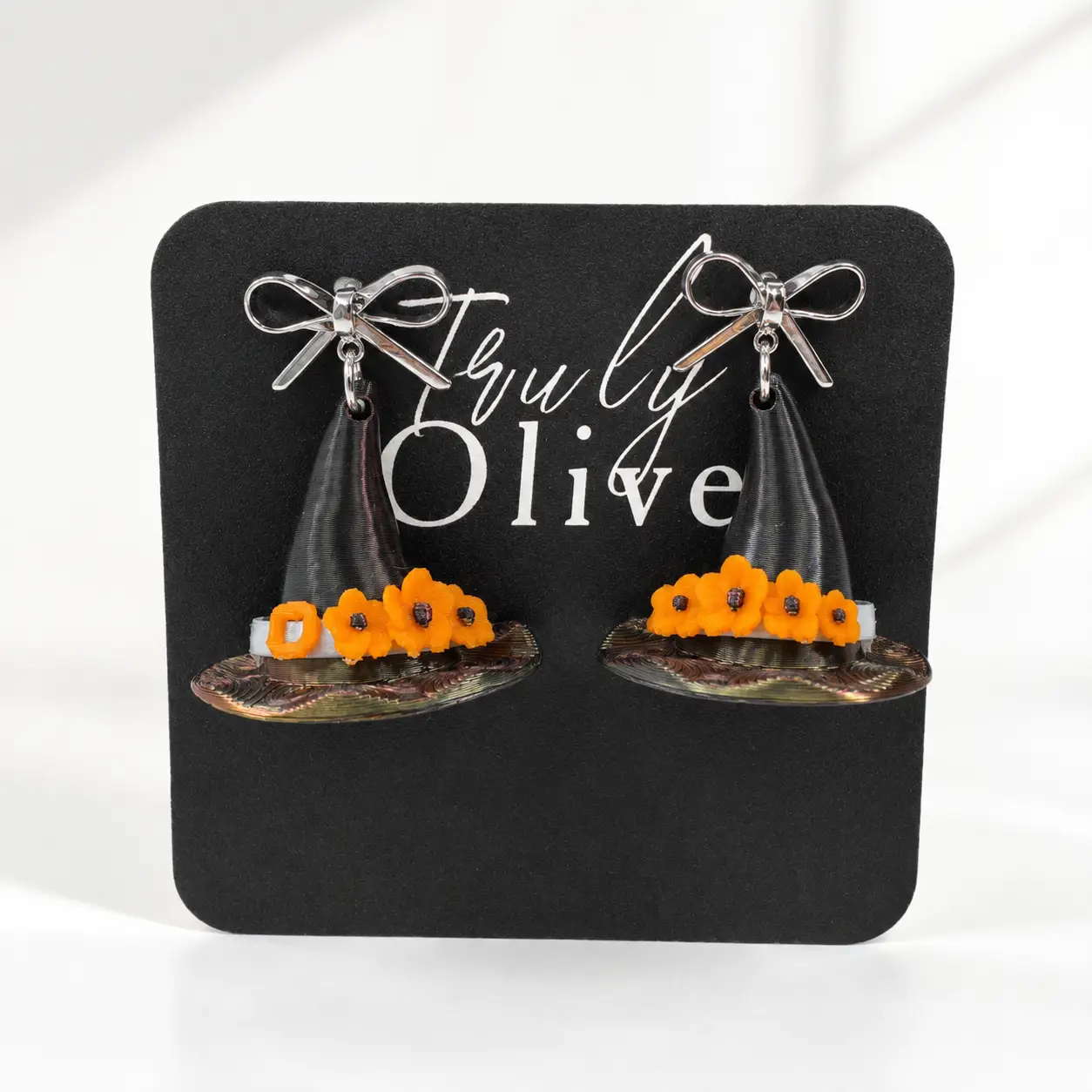 Truly Olive Handcrafted Halloween Witch Hat Dangle Earrings with Orange Flowers - Earrings Stud/Post Earrings