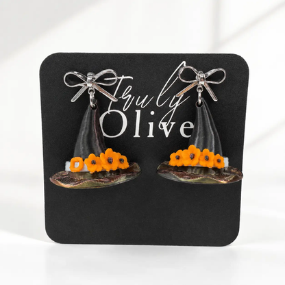 Truly Olive Handcrafted Halloween Witch Hat Dangle Earrings with Orange Flowers - Earrings Stud/Post Earrings