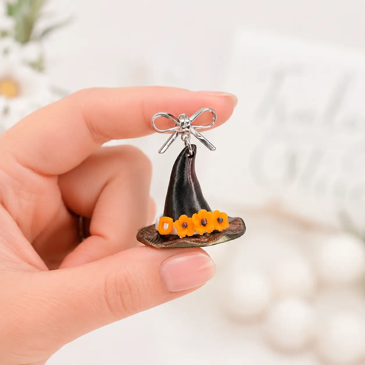 Truly Olive Handcrafted Halloween Witch Hat Dangle Earrings with Orange Flowers - Earrings Stud/Post Earrings