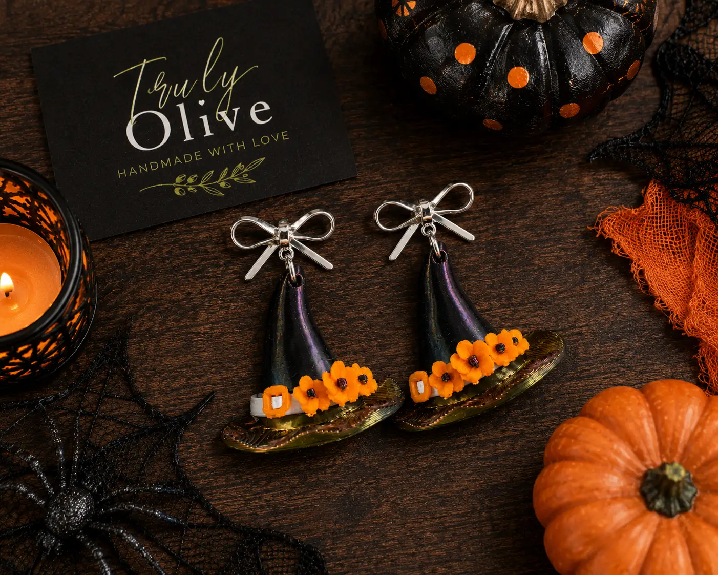Truly Olive Handcrafted Halloween Witch Hat Dangle Earrings with Orange Flowers - Earrings Stud/Post Earrings