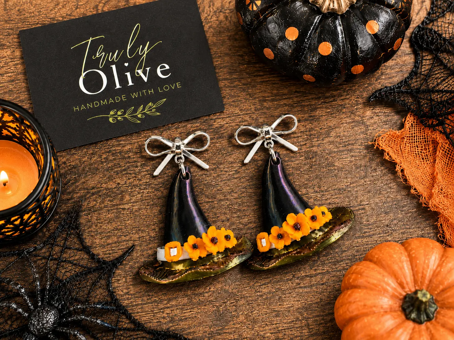 Truly Olive Handcrafted Halloween Witch Hat Dangle Earrings with Orange Flowers - Earrings Stud/Post Earrings