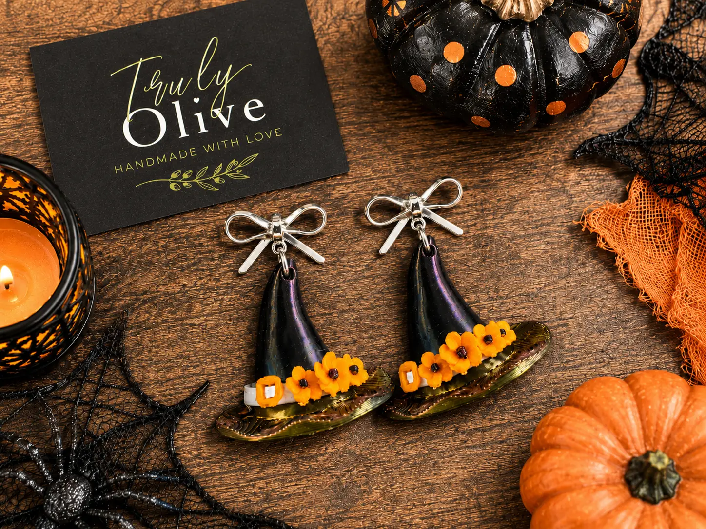 Truly Olive Handcrafted Halloween Witch Hat Dangle Earrings with Orange Flowers - Earrings Stud/Post Earrings