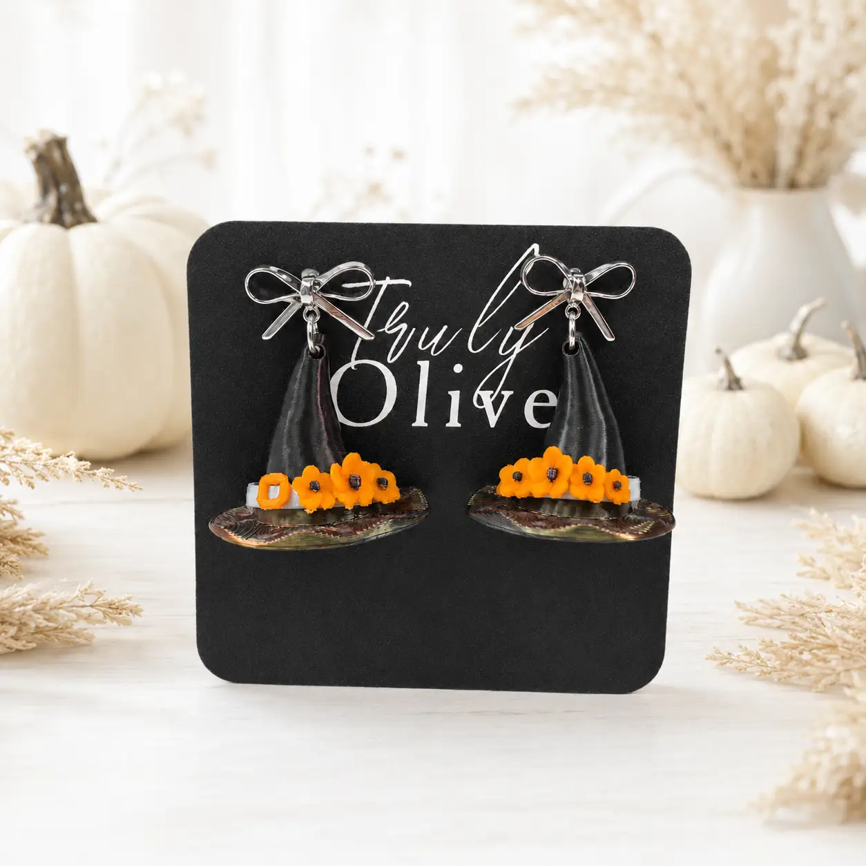 Truly Olive Handcrafted Halloween Witch Hat Dangle Earrings with Orange Flowers - Earrings Stud/Post Earrings