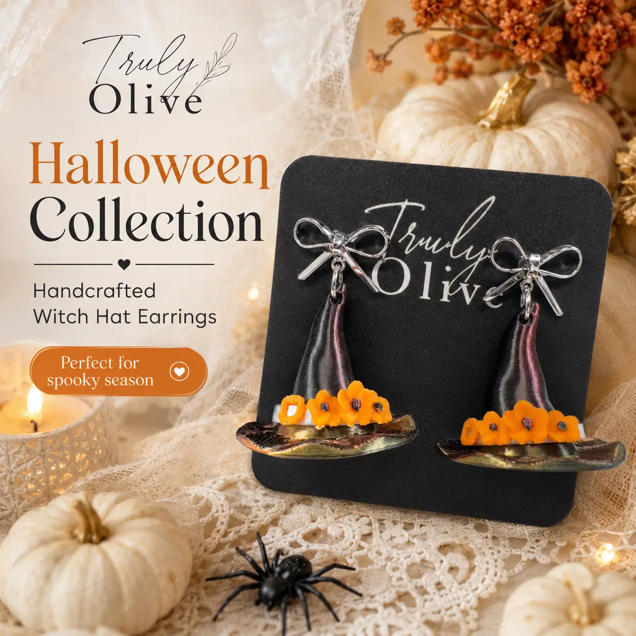 Truly Olive Handcrafted Halloween Witch Hat Dangle Earrings with Orange Flowers - Earrings Stud/Post Earrings