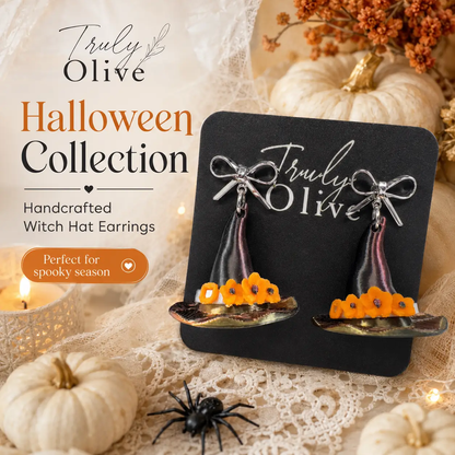 Truly Olive Handcrafted Halloween Witch Hat Dangle Earrings with Orange Flowers - Earrings Stud/Post Earrings