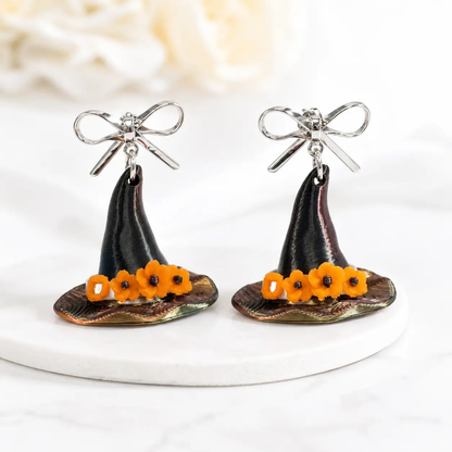 Truly Olive Handcrafted Halloween Witch Hat Dangle Earrings with Orange Flowers - Earrings Stud/Post Earrings