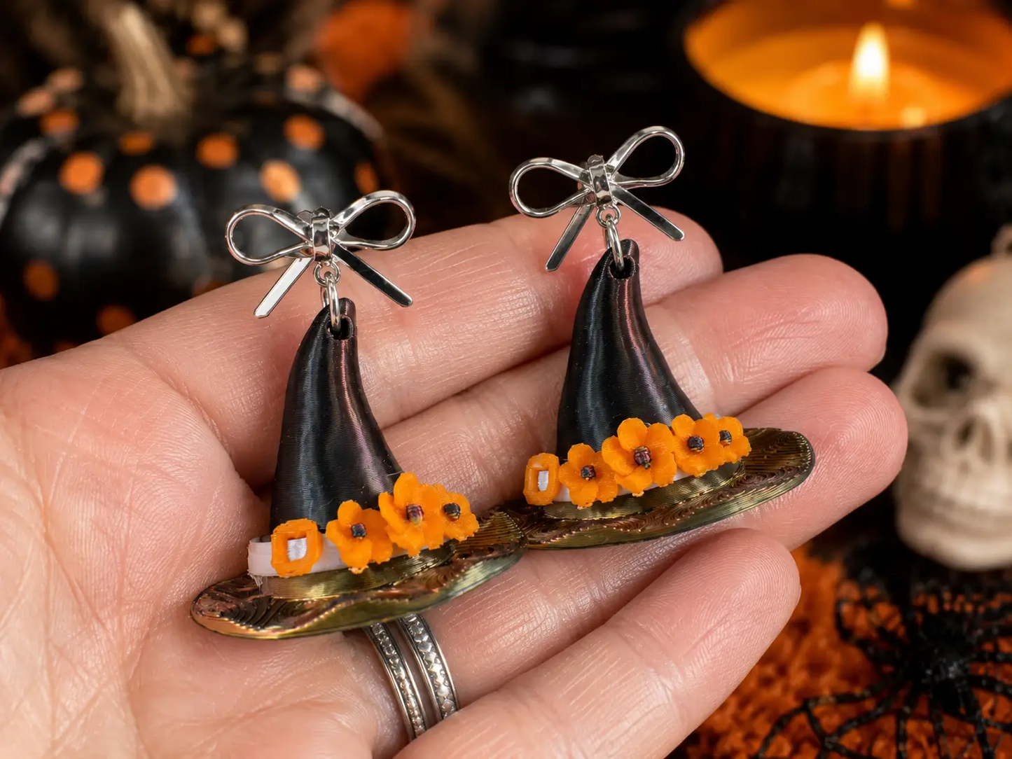 Truly Olive Handcrafted Halloween Witch Hat Dangle Earrings with Orange Flowers - Earrings Stud/Post Earrings