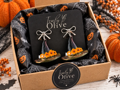 Truly Olive Handcrafted Halloween Witch Hat Dangle Earrings with Orange Flowers - Earrings Stud/Post Earrings