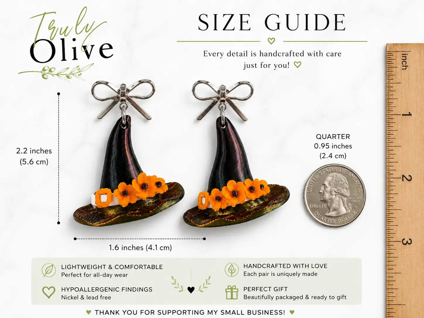 Truly Olive Handcrafted Halloween Witch Hat Dangle Earrings with Orange Flowers - Earrings Stud/Post Earrings