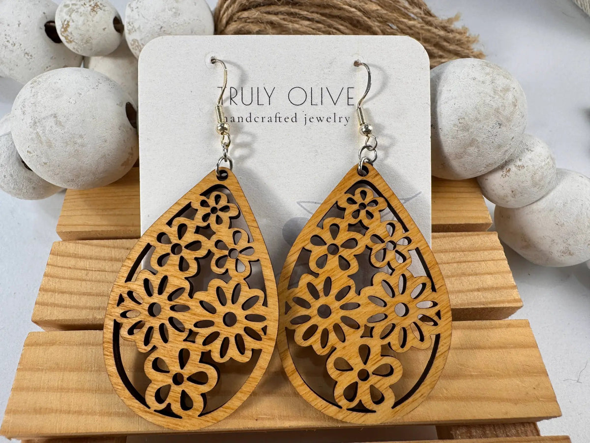 Truly Olive Stunning Wood Mandala Earrings in a Unique Teardrop Shape - Earrings Dangle Earrings