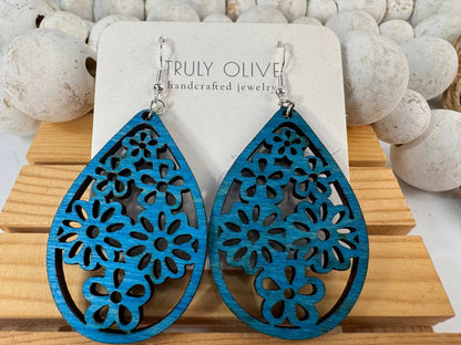 Truly Olive Stunning Wood Mandala Earrings in a Unique Teardrop Shape - Earrings Dangle Earrings