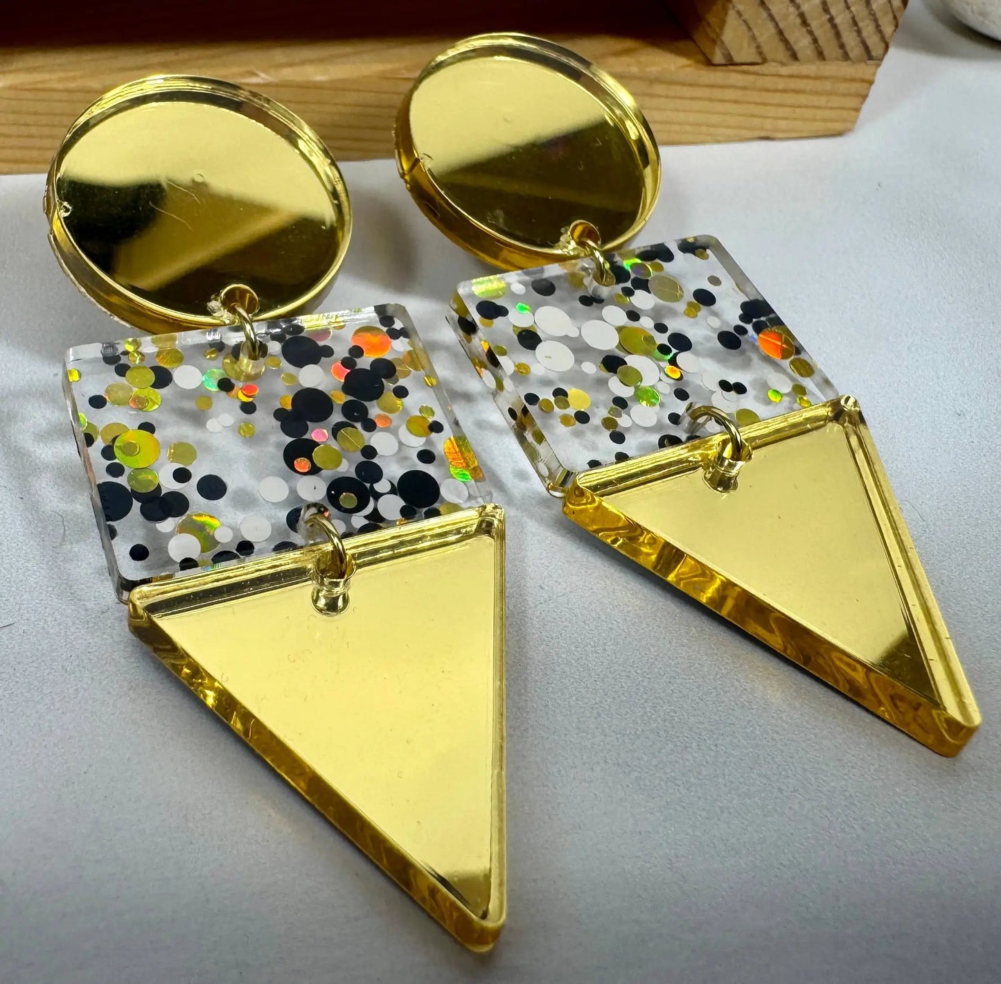 Truly Olive Gold Black and White Glitter Confetti Acrylic Earrings - Earrings Dangle Earrings