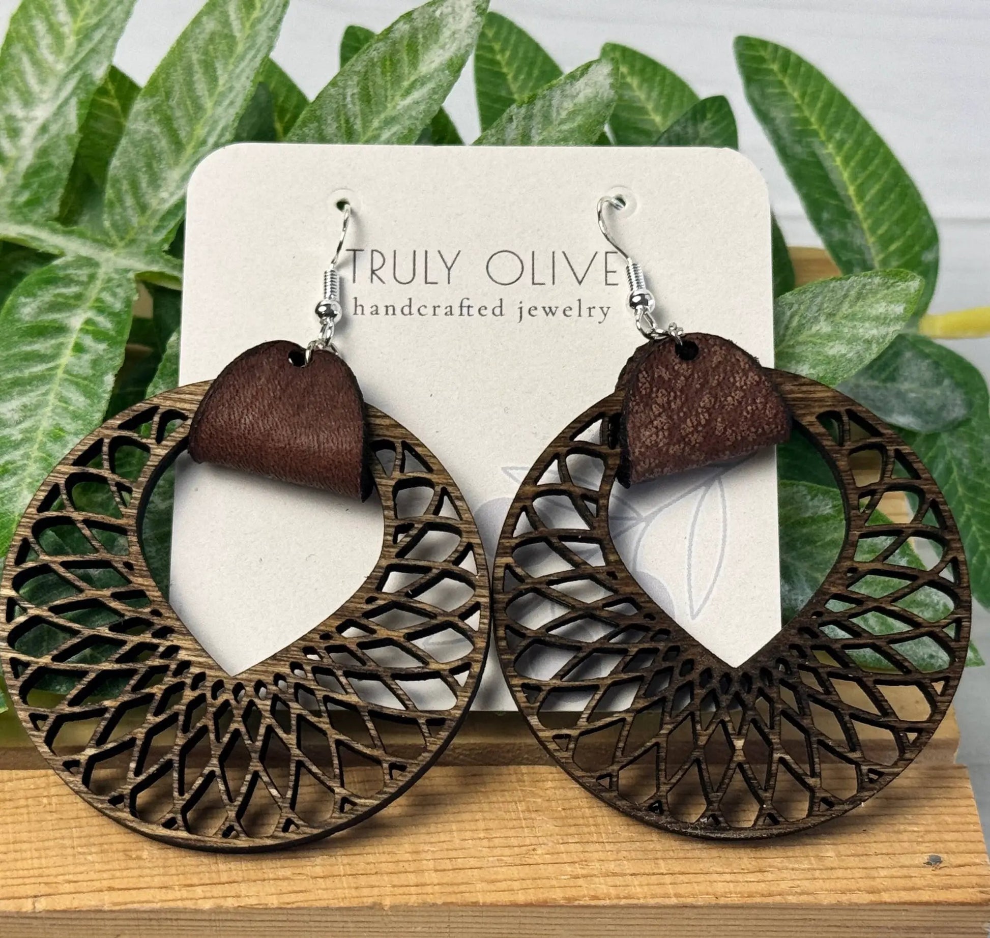 Truly Olive Filigree Natural Wood and Leather Lightweight Hoop Earrings - Earrings Dangle Earrings