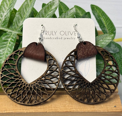 Truly Olive Filigree Natural Wood and Leather Lightweight Hoop Earrings - Earrings Dangle Earrings