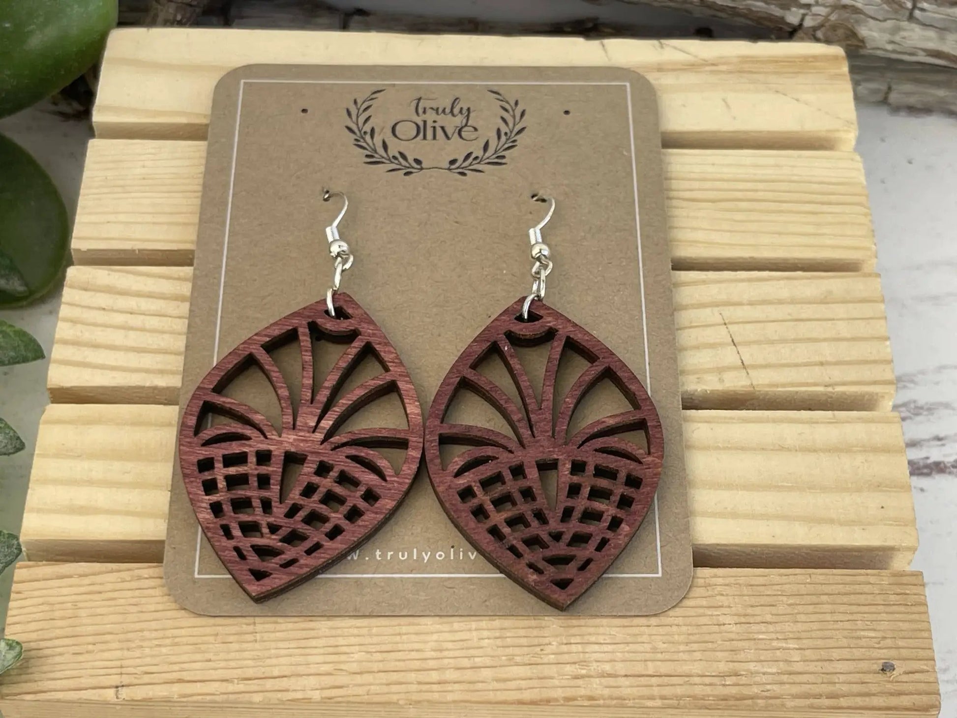 Truly Olive Geometric Style Filigree Lightweight Wood Earrings - Earrings Dangle Earrings