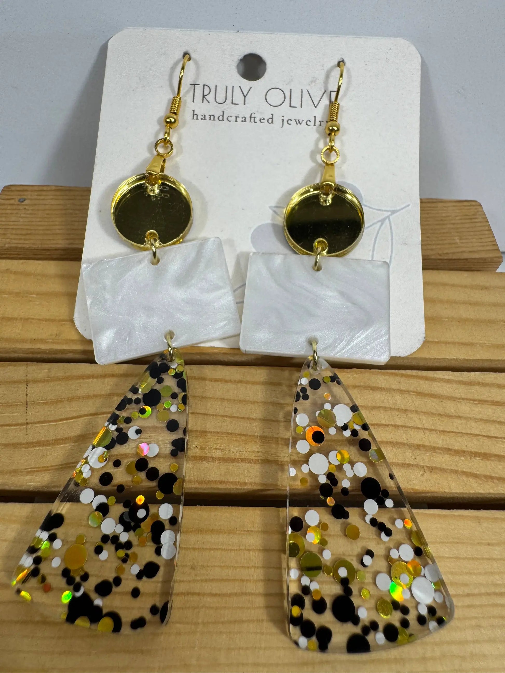 Truly Olive Long Gold Black and White Sparkly Confetti Acrylic Earrings - Earrings Dangle Earrings