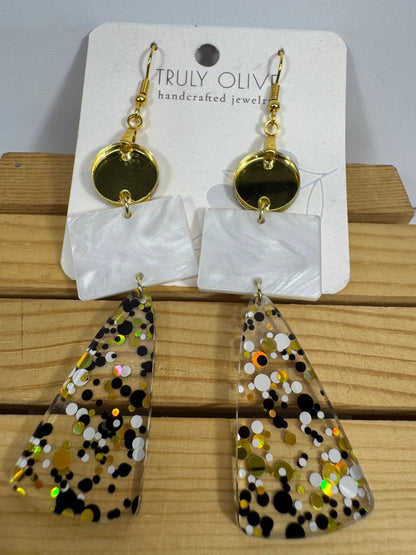 Truly Olive Long Gold Black and White Sparkly Confetti Acrylic Earrings - Earrings Dangle Earrings