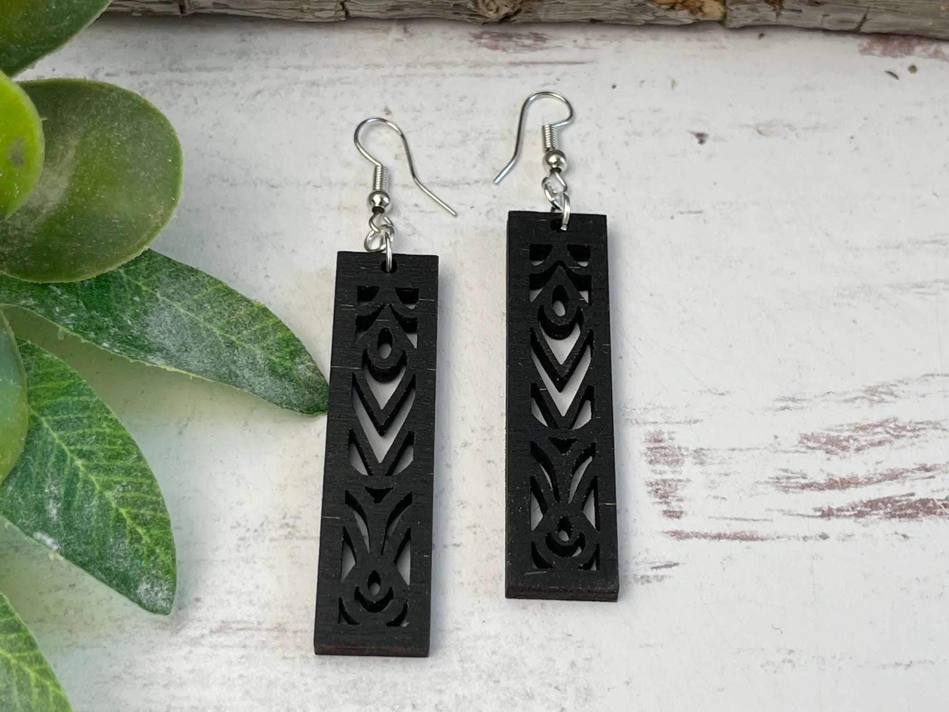 Truly Olive Rectangle Mandala Earrings Lightweight Wood Earrings - Earrings Dangle Earrings