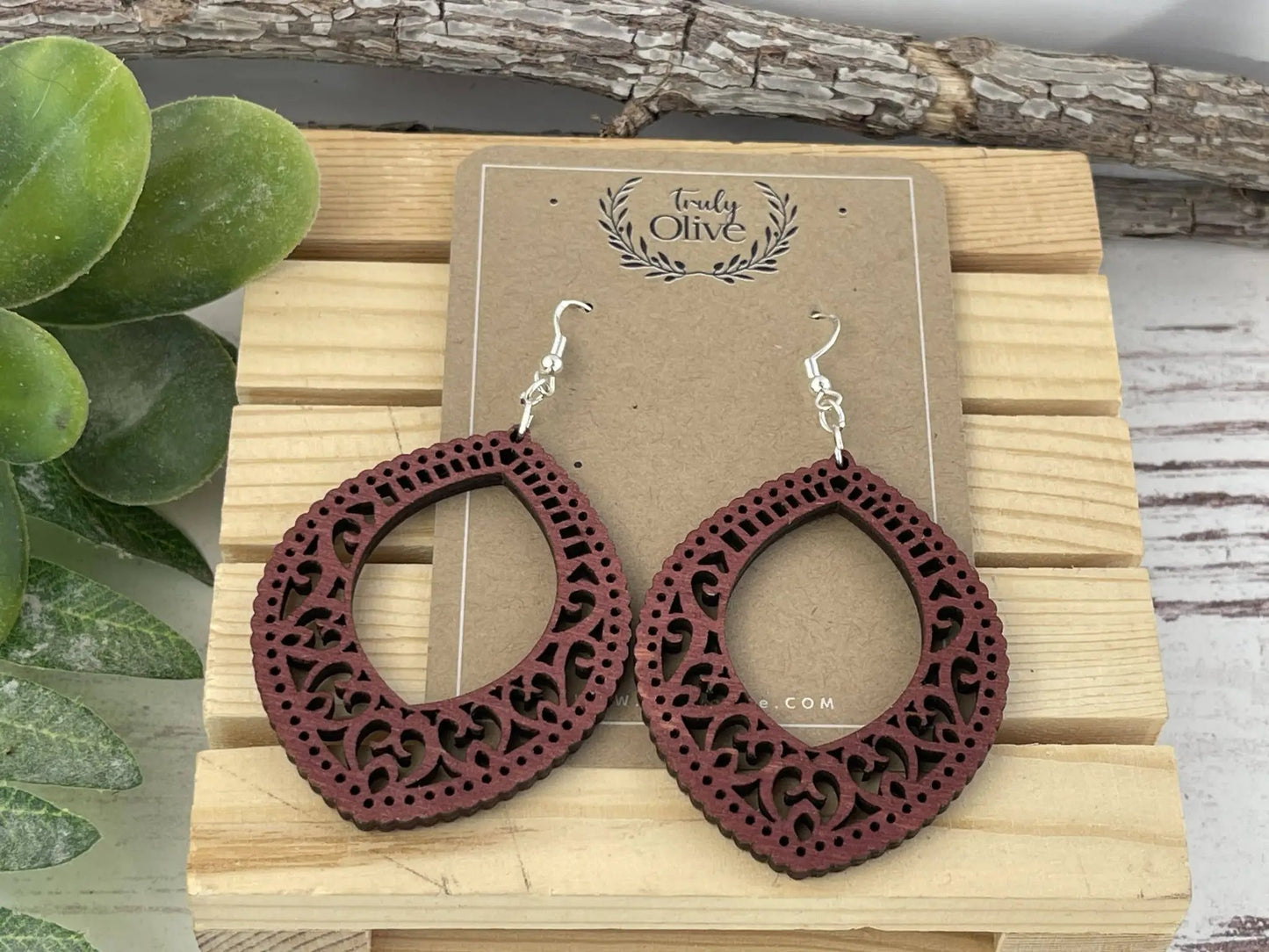 Truly Olive Stunning Wood Mandala Earrings in Unique Oval Shape - Earrings Dangle Earrings