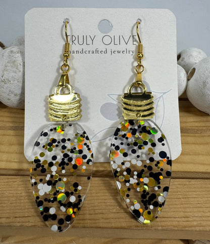 Truly Olive Cute Gold Black and White Christmas Lightbulb Earrings - Earrings Dangle Earrings