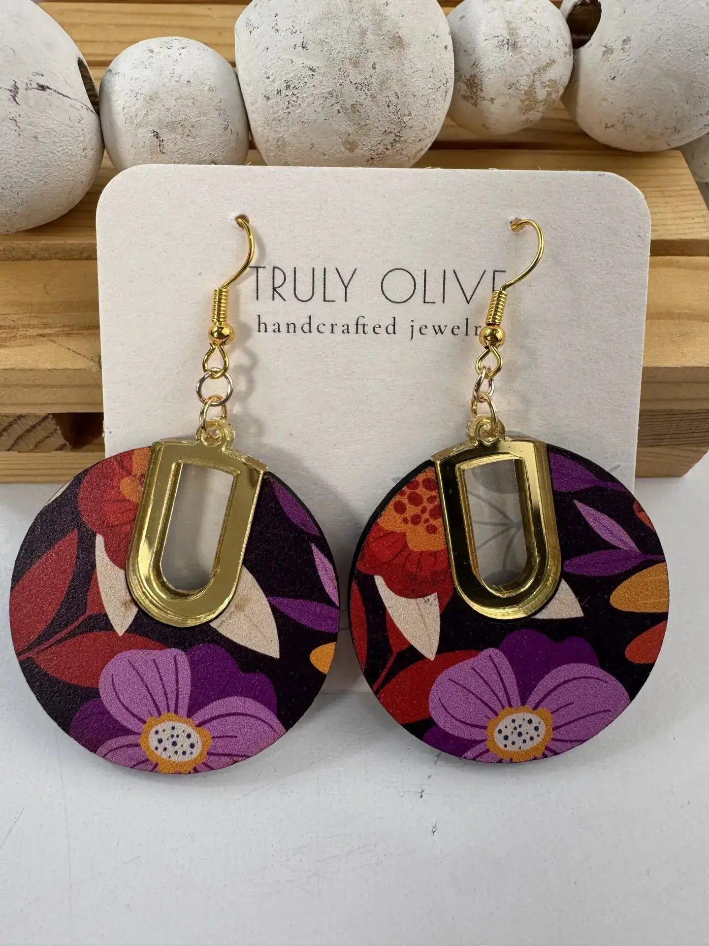 Truly Olive Flower Pattern Wood Earrings Gift For Her - Earrings Dangle Earrings