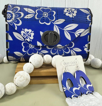 Truly Olive Cobalt Blue Flower Pattern Wood Handbag Clutch Purse - Clutch Bags Clutch Bag - Women's