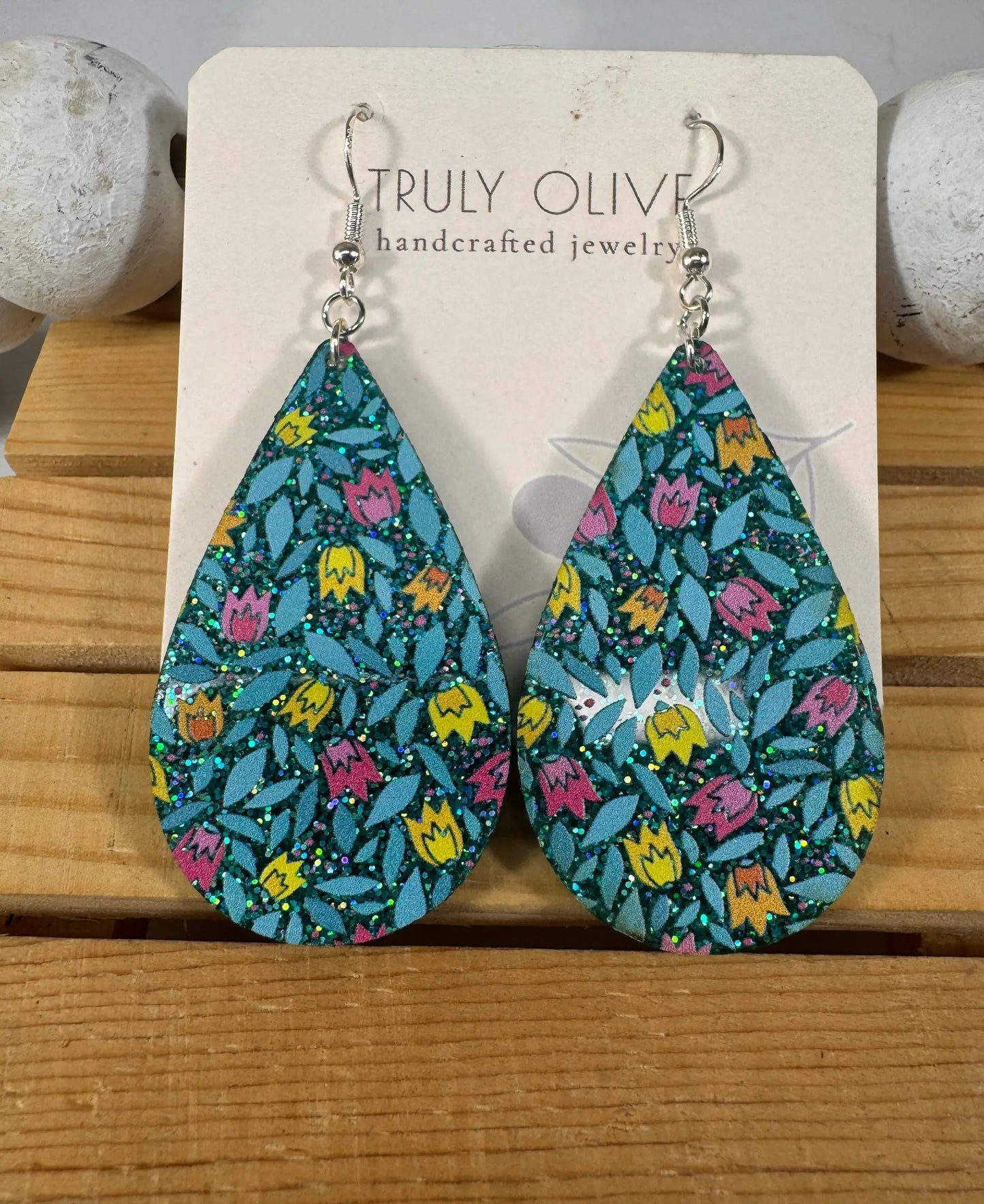 Truly Olive Blue Sparkle Flower Pattern Acrylic Earrings - Earrings Dangle Earrings