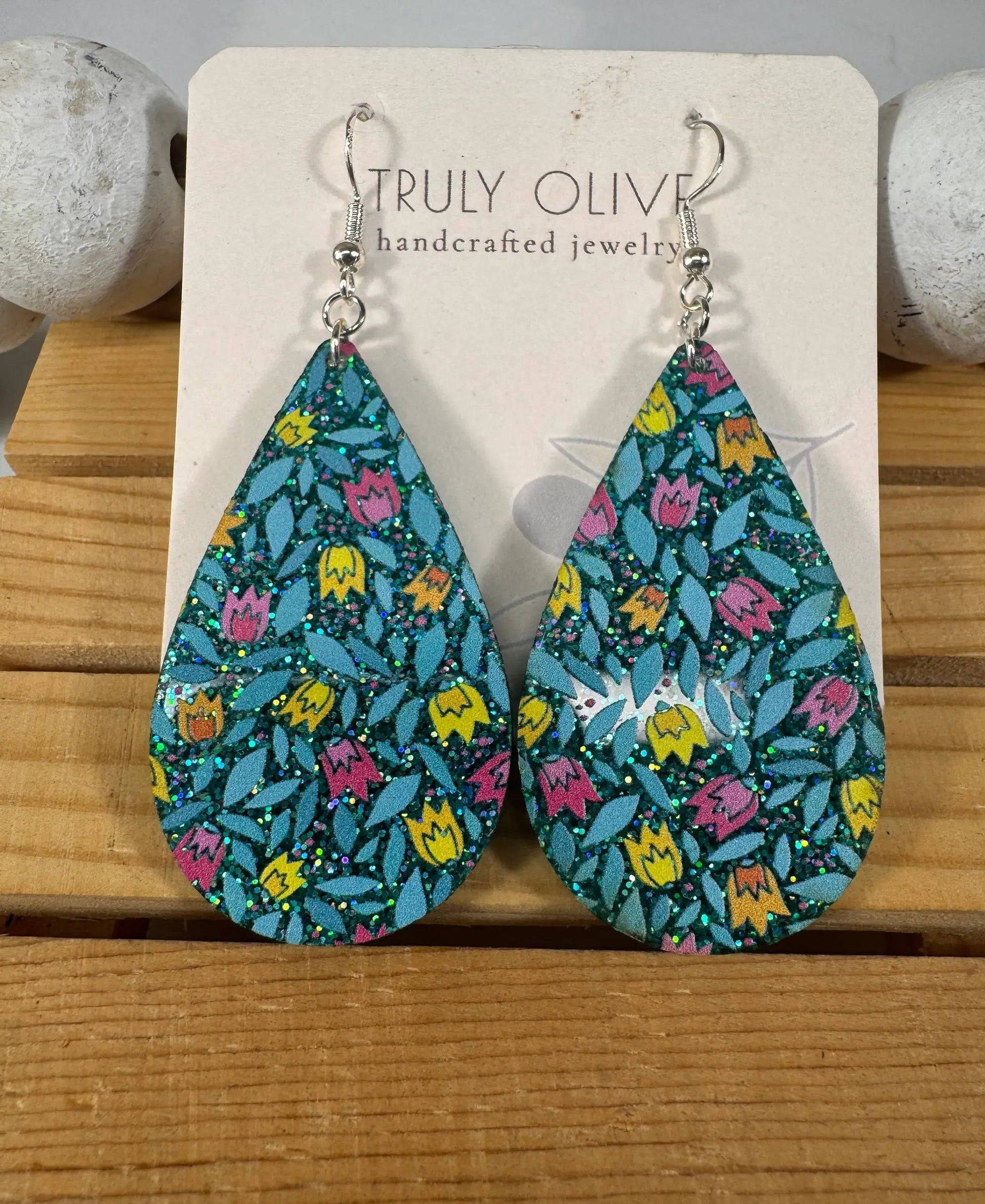 Truly Olive Blue Sparkle Flower Pattern Acrylic Earrings - Earrings Dangle Earrings
