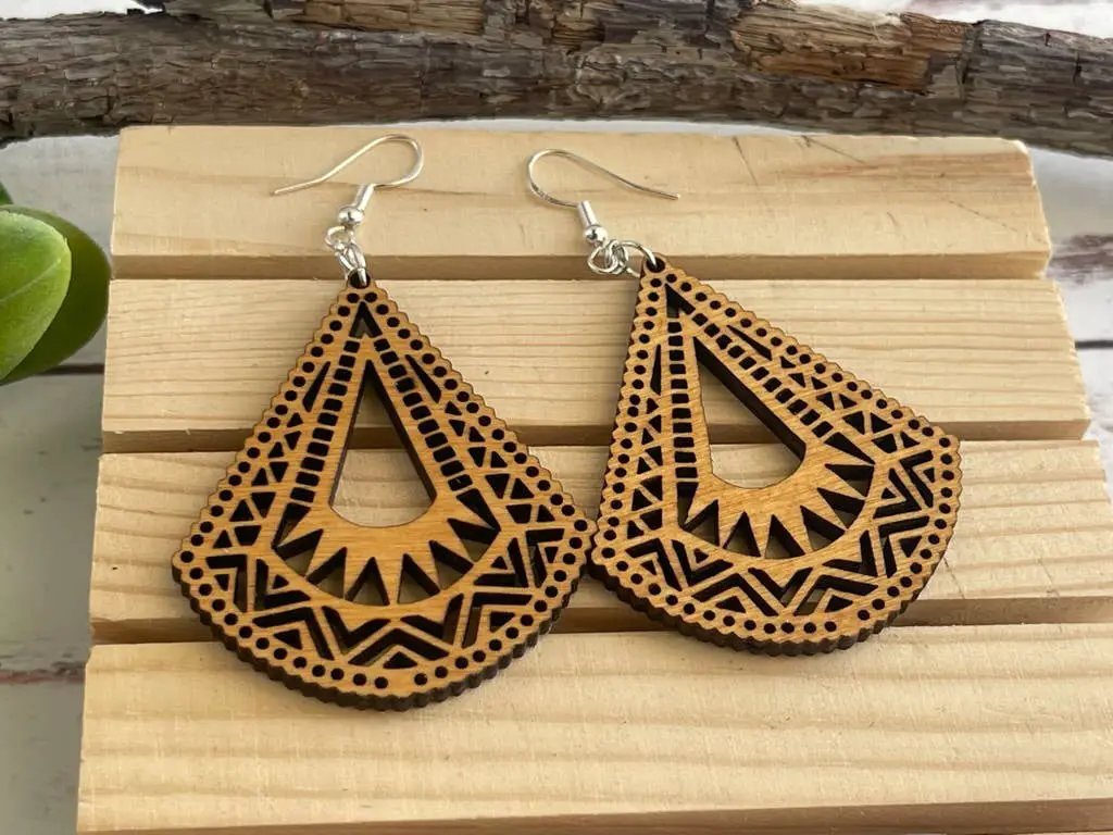 Truly Olive Lightweight Wood Mandala Earrings - Half Bell Shape - Earrings Dangle Earrings