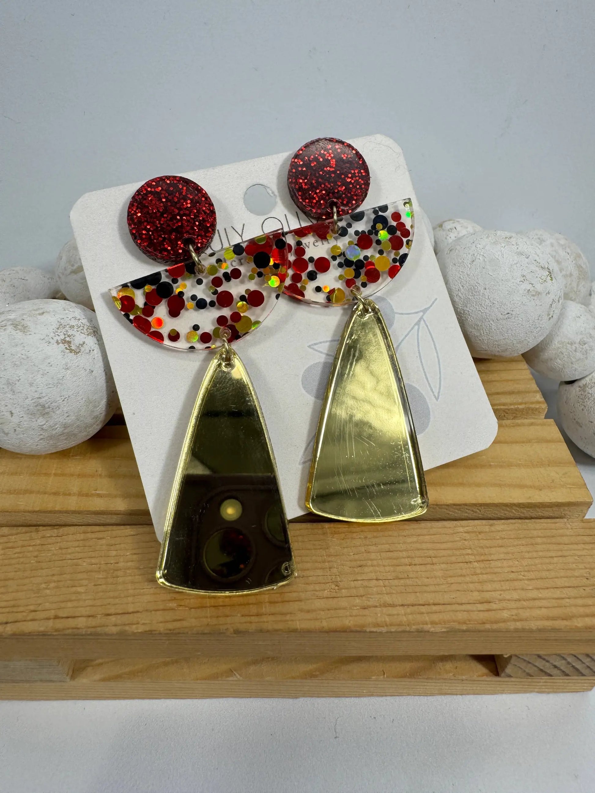 Truly Olive Red and Gold Angel Acrylic Confetti Holiday Earrings - Earrings Dangle Earrings