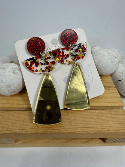 Truly Olive Red and Gold Angel Acrylic Confetti Holiday Earrings - Earrings Dangle Earrings