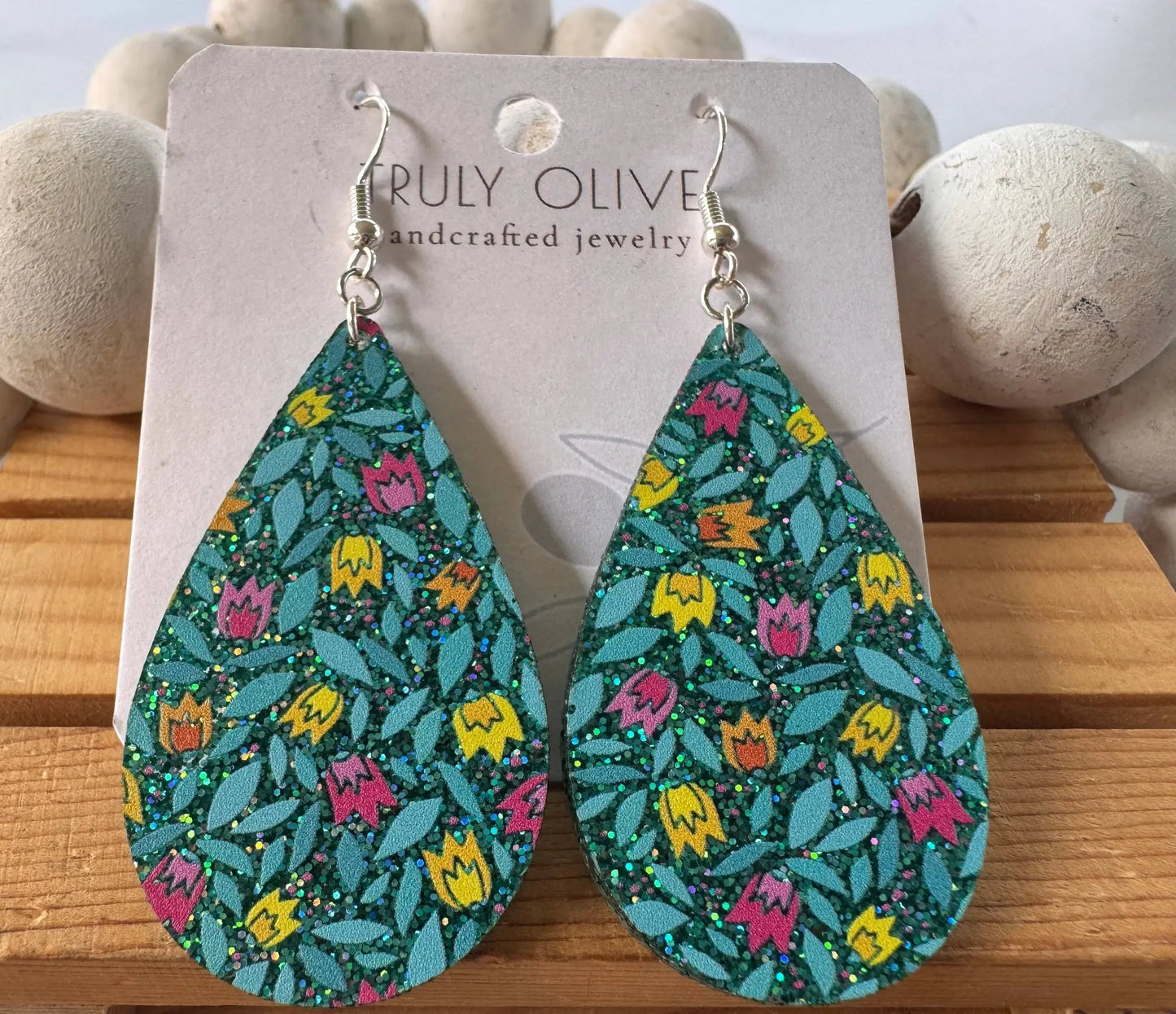 Truly Olive Blue Sparkle Flower Pattern Acrylic Earrings - Earrings Dangle Earrings