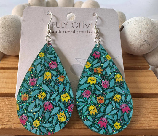 Truly Olive Blue Sparkle Flower Pattern Acrylic Earrings - Earrings Dangle Earrings
