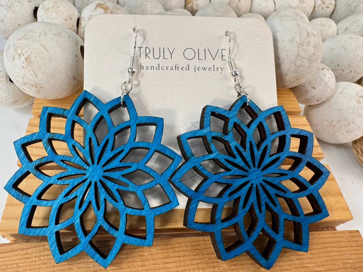 Truly Olive Natural Wood Mandala Earrings - Earrings Dangle Earrings